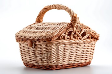 Obraz premium A wicker basket, isolated on a white background, showcasing a traditional woven container with a handle, perfect for rustic storage.