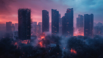 Obraz premium Dramatic urban skyline with tall buildings, fire, and rising evening mist
