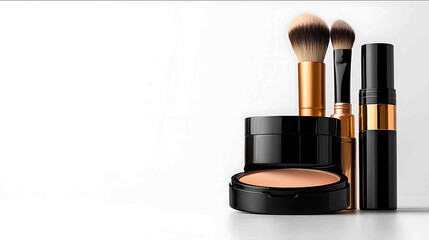 Flatlay beauty arrangement showcasing a luxurious selection of makeup productssoft pink lipstick bronzer fluffy brushes and glowing face serums on a sleek monochrome backdrop