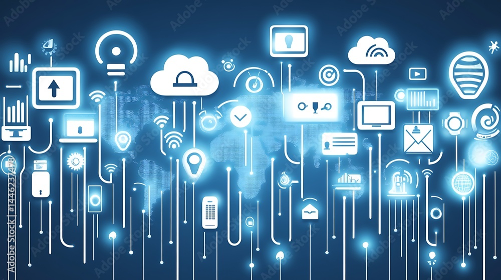 Poster digital network design with glowing icons and connections.
