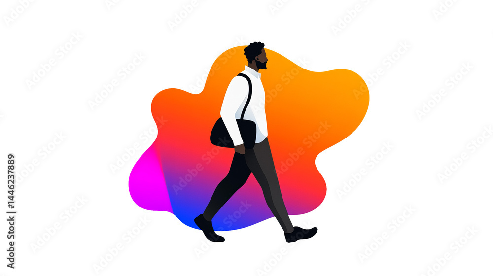 Poster man is walking with shoulder bag in front of colorful gradient background. - high quality man is wal