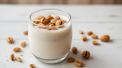 a glass filled with milk and nuts