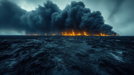 Apocalyptic landscape with fire, dark clouds and textured ground surface