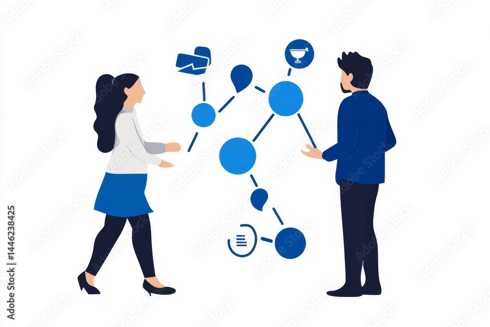 Poster team collaboration network diagram - two colleagues interact with a network diagram showing connecti