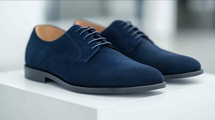 Modern handcrafted shoe boutique wide shot real picture display of exclusive custommade shoes on elegant stands