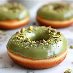 Matcha donuts sprinkled with pistachios on top of donuts on a white background