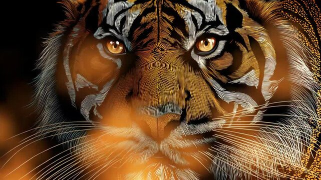 Close up of a digitally rendered tiger with striking yellow eyes and detailed fur pattern