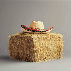 hay bale with mexican hat placed on top of it realistic advertising photography long shot on clear background