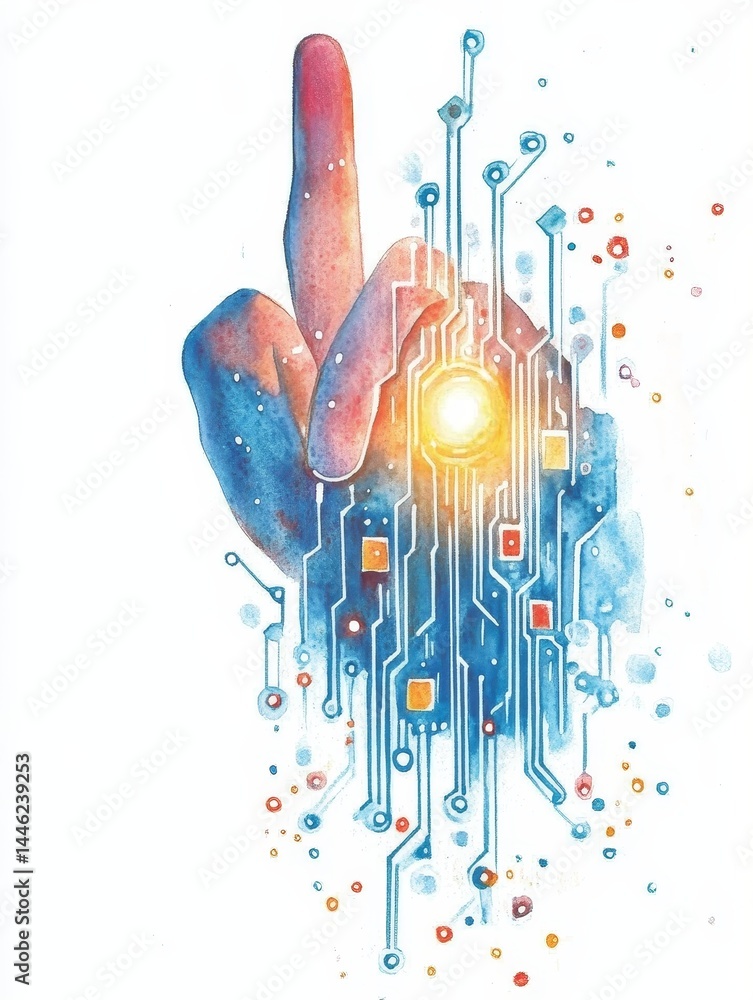 Poster touch: human connection in the tech age - watercolor painting of a hand merging with circuitry, symb