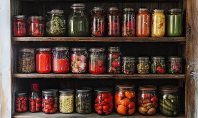 Fototapeta premium Rustic Preserved Food Display: Glass Jars Filled with Colorful Homemade Goods for World Food Safety Day