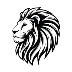 Striking Lion Head Outline Black and White Illustration, Wild Cat, Mane Detail, Logo
