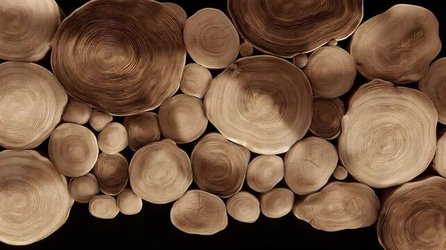 Pile of tree trunk sections arranged on a dark background creating natural textures and organic patterns, with visible growth rings.