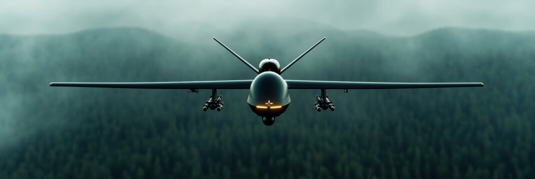 military drone operations, a web banner shows a military drone flying over a battlefield with hud overlays, locks, and a smoky background