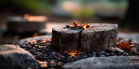 Fototapeta premium Glowing embers ignite a wooden stump