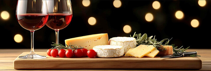 Italian restaurant trattoria Italian cheese and red wine glass close up with candlelight top view