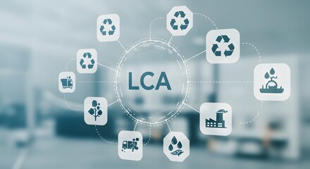 Naklejka premium LCA Life Cycle Assessment and Sustainability Concept. A digital interface displaying LCA surrounded by sustainability icons recycling transportation production, and environmental conservation