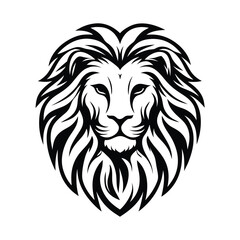 Lion Head Silhouette with Thick Mane, Feline Portrait, Strong Stare on White Backdrop