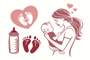 "Mother’s Day Silhouette Vector of Pregnant Woman with Baby Bump, Heart, and Family Love – Motherhood Illustration for Greeting Cards and Emotional Design"