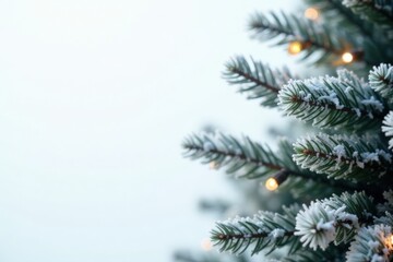 Frosted branches of a Christmas tree against a white background, winter wonderland, trees, stillness