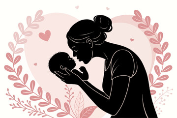 Mother’s Day Silhouette Vector of Pregnant Woman with Baby Bump, Heart, and Family Love – Motherhood Illustration for Greeting Cards and Emotional Design