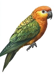 Vibrant Green And Orange Parrot - A detailed illustration of a vibrant green and orange parrot, perched and facing , against a white background
