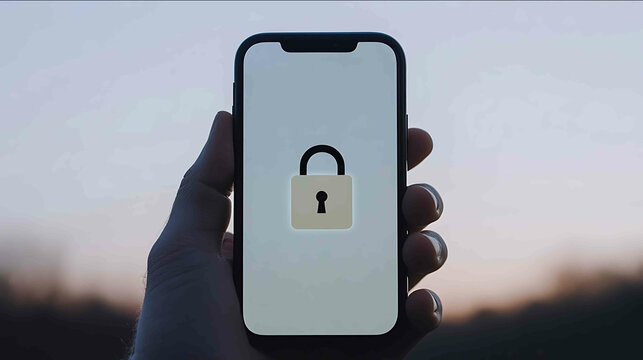 Hand firmly gripping a smartphone against a neonlit urban background cyber security lock symbol glowing on the screen