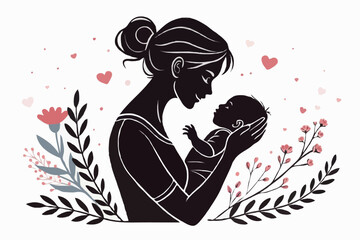 Mother’s Day Silhouette Vector of Pregnant Woman with Baby Bump, Heart, and Family Love – Motherhood Illustration for Greeting Cards and Emotional Design