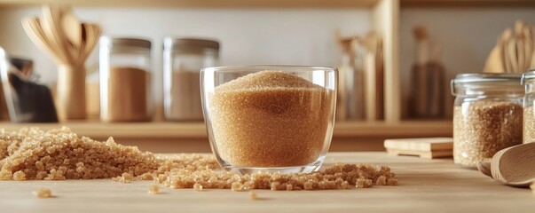 Fototapeta premium A transparent glass bowl filled with brown sugar crystals