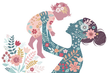 Mother’s Day Silhouette Vector of Pregnant Woman with Baby Bump, Heart, and Family Love – Motherhood Illustration for Greeting Cards and Emotional Design