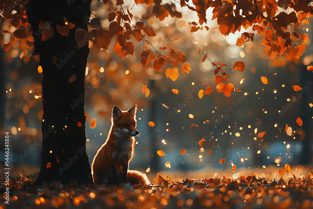 Poster a fox sitting near a tree with orange leaves falling in an autumn scene with bokeh lights around it