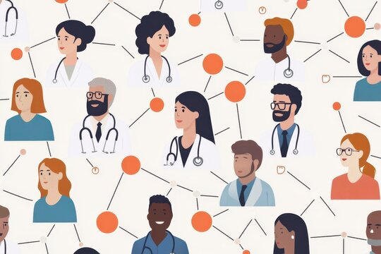 Connections between healthcare professionals represented by icons over a diverse backdrop of illustrated individuals, network of connections with icons over diverse doctors talking
