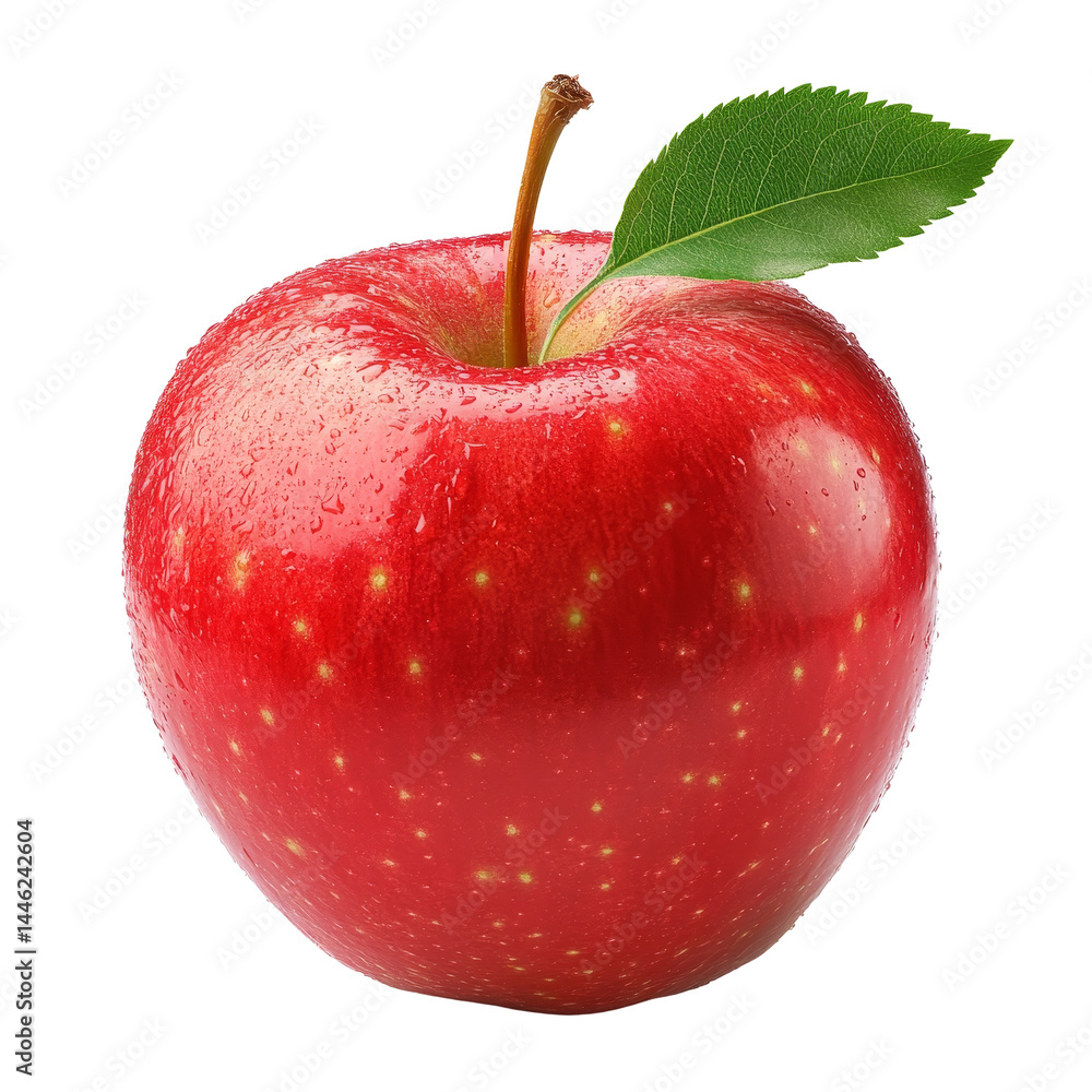 Poster fresh red apple with dew drops isolated on transparent background highlighting its vibrant color and