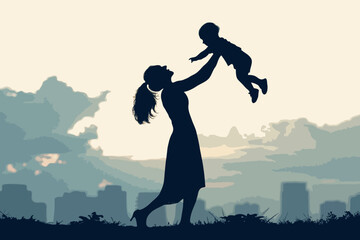 Mother’s Day Silhouette Vector of Pregnant Woman with Baby Bump, Heart, and Family Love – Motherhood Illustration for Greeting Cards and Emotional Design