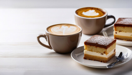 homemade cake and two cups of coffee cappuccino and espresso on white wooden table copyspace