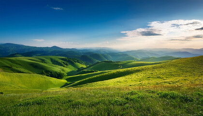 vibrant rolling hills with green and blue hues under a soft sky creating a serene and peaceful natural environment