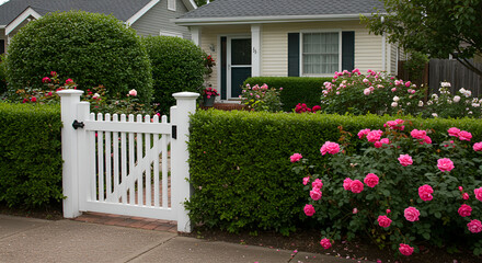 Idyllic Suburban Home With Manicured Garden And Charming White Picket Gate