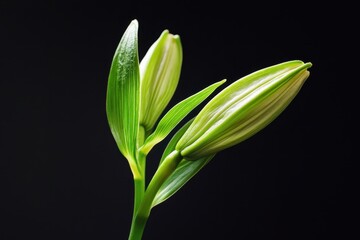 Fototapeta premium Timelapse of white pink lily blooming with green leaves on a dark background, White pinky lily lilium timelapse budding flower