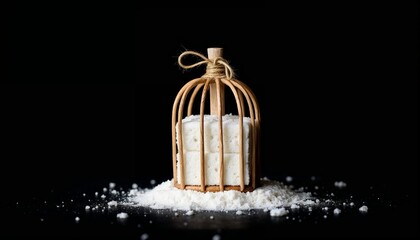 Concept of sugar addiction with refined sugar cube trapped in wooden cage on black background, unhealthy diet and nutrition metaphor