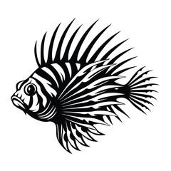 Black and White Lionfish Illustration, Exotic Tropical Fish, Detailed Striped Pattern