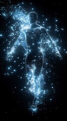 Stylized human figure experiencing runners high endorphin particles visualized as euphoric light surrounding the figure