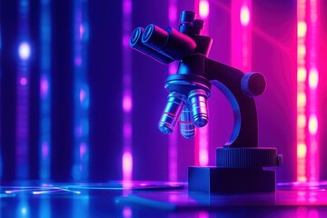 Colorful microscope icon illuminated with neon lines against a blue background, microscope icon and neon colourful lines on blue background