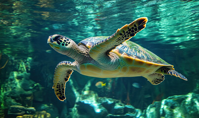Fototapeta premium Graceful Sea Turtle Swimming Freely Underwater in Tranquil Ocean Depths for World Oceans Day