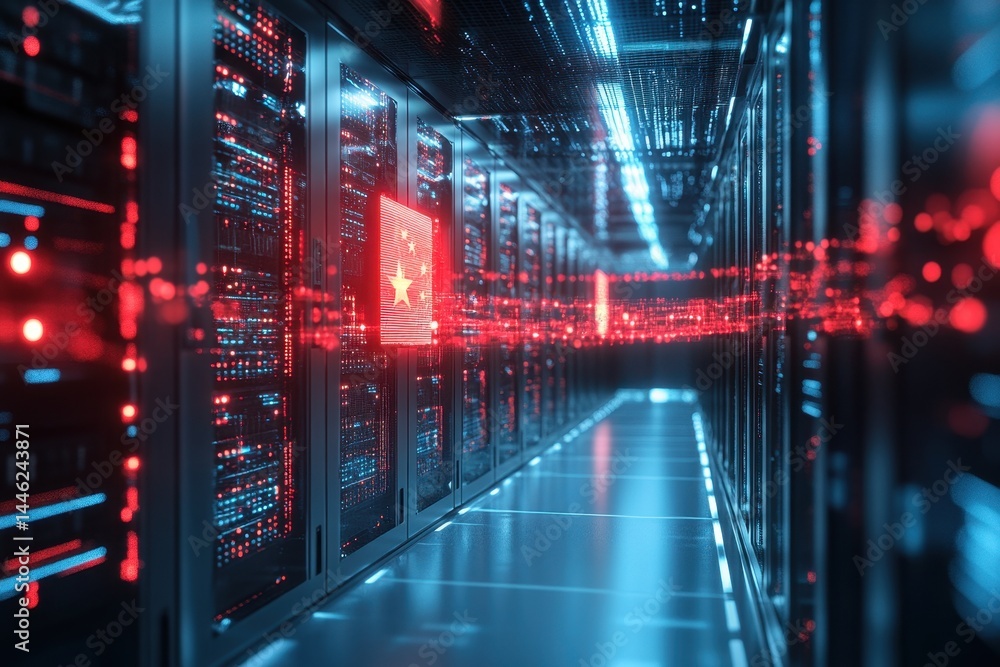 Poster digital data processing within a server room featuring the flag of china amidst glowing network line
