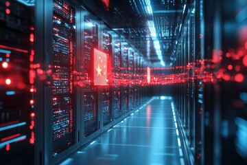 Digital data processing within a server room featuring the flag of China amidst glowing network lines, flag of china and digital data processing over computer servers