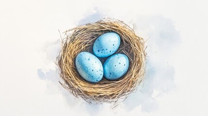 Obraz premium Watercolor Bird's Nest with Blue Eggs - Three speckled light blue eggs nestled in a bird's nest, symbolizing new life, spring, hope, fragility, and nature