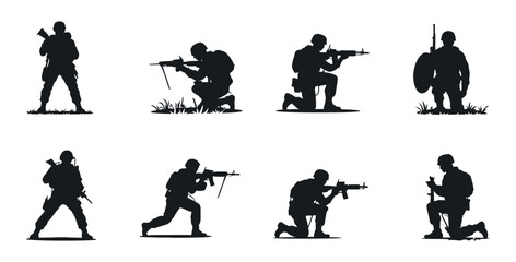 Set of soldier silhouettes in tactical combat poses with rifles and gear, military action vector illustration on white background