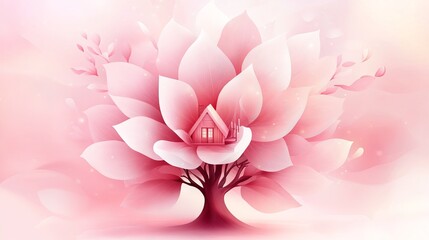 Naklejka premium A small pink house sits within a large flower blossoming from a tree with light pink petals.