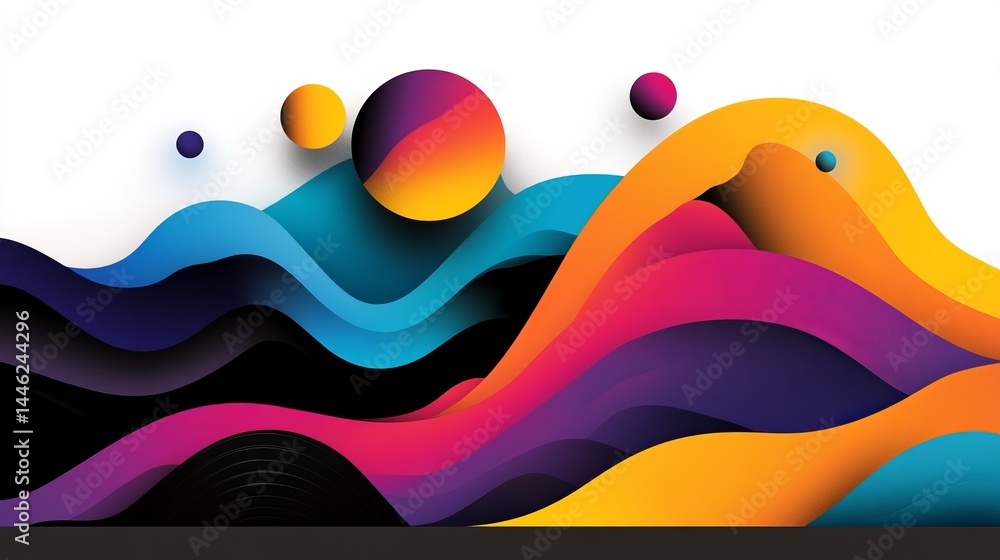 Aufkleber abstract colorful layered shapes create an undulating design with floating spheres against a bright 