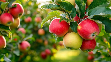 A large apple orchard in the crisp autumn air apple trees full of bright red and green apples overhead photography real photos with bright colors wideangle lens natural light fresh