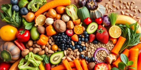 Rainbow of vibrant fruits, vegetables, nuts, and seeds arranged for healthy eating, minerals, assortment